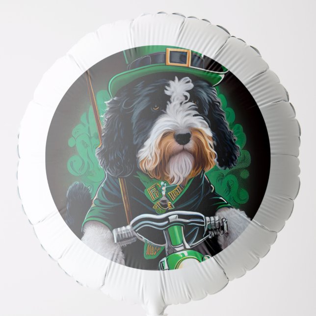 Bernedoodle Dog driving bike St. Patrick's Day Balloon (Front)