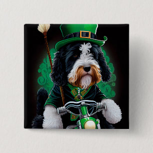 Bernedoodle Dog driving bike St. Patrick's Day Button