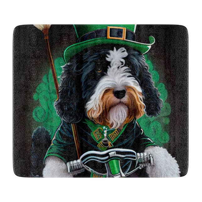 Bernedoodle Dog driving bike St. Patrick's Day Cutting Board (Front)