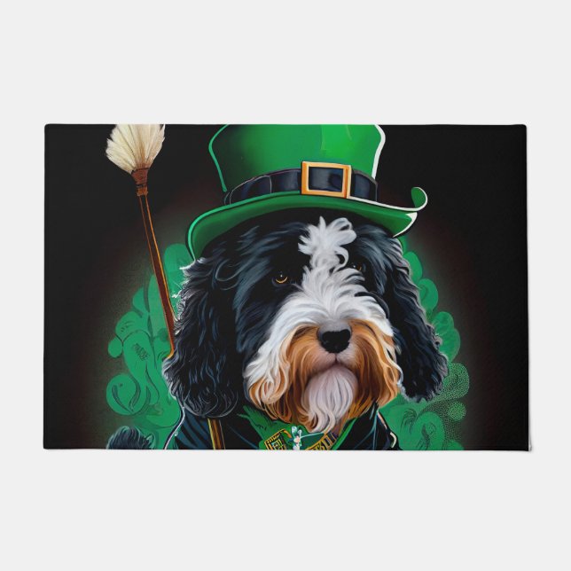 Bernedoodle Dog driving bike St. Patrick's Day Doormat (Front)