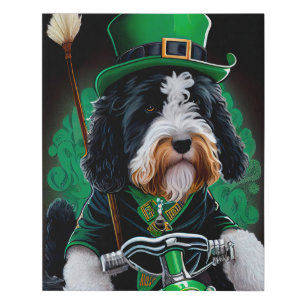 Bernedoodle Dog driving bike St. Patrick's Day Faux Canvas Print