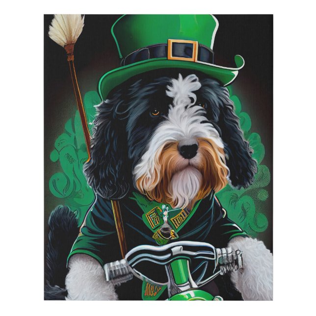 Bernedoodle Dog driving bike St. Patrick's Day Faux Canvas Print (Front)