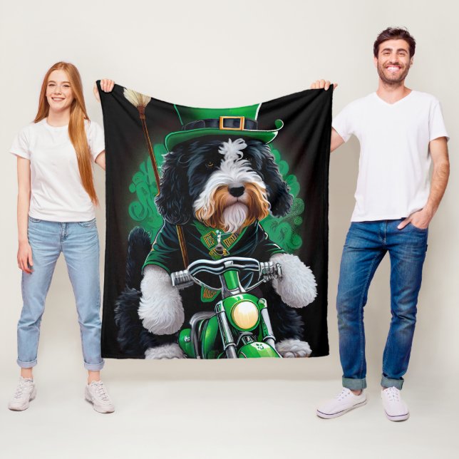 Bernedoodle Dog driving bike St. Patrick's Day Fleece Blanket (In Situ)