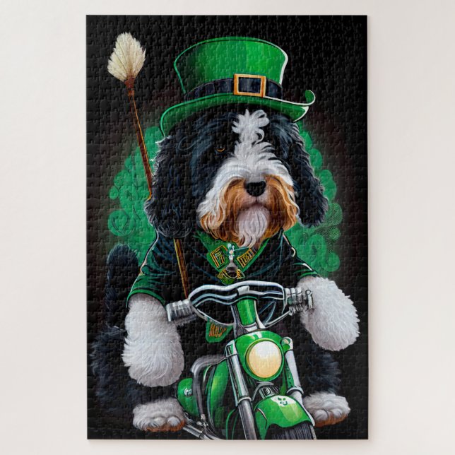 Bernedoodle Dog driving bike St. Patrick's Day Jigsaw Puzzle (Vertical)