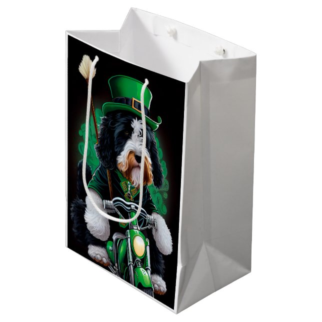 Bernedoodle Dog driving bike St. Patrick's Day Medium Gift Bag (Front Angled)