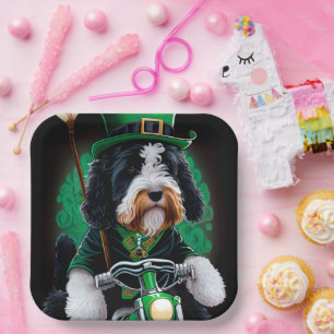 Bernedoodle Dog driving bike St. Patrick's Day Paper Plates