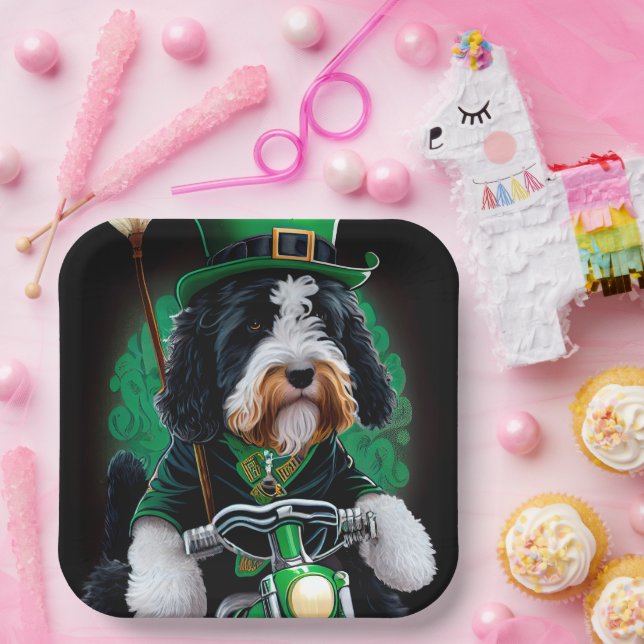 Bernedoodle Dog driving bike St. Patrick's Day Paper Plates (Party)