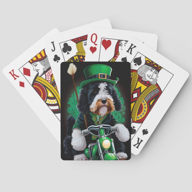 Bernedoodle Dog driving bike St. Patrick's Day Poker Cards (Back)
