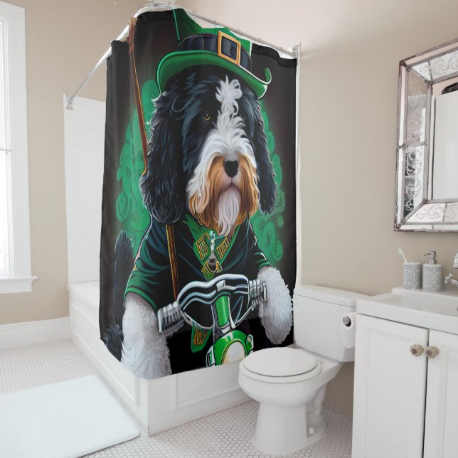 Bernedoodle Dog driving bike St. Patrick's Day Shower Curtain (In Situ)