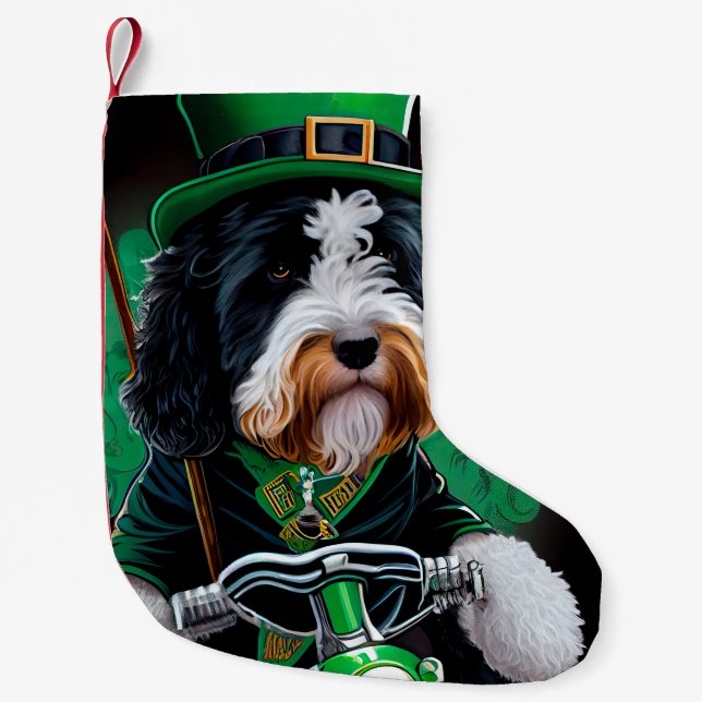 Bernedoodle Dog driving bike St. Patrick's Day Small Christmas Stocking (Front)