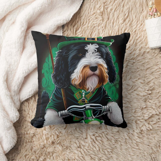 Bernedoodle Dog driving bike St. Patrick's Day Throw Pillow (Blanket)