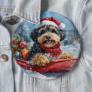 Bernedoodle Dog in Sledge Let it Snow Christmas Button