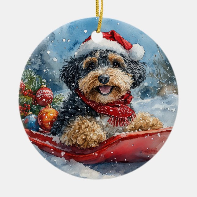Bernedoodle Dog in Sledge Let it Snow Christmas Ceramic Ornament (Front)