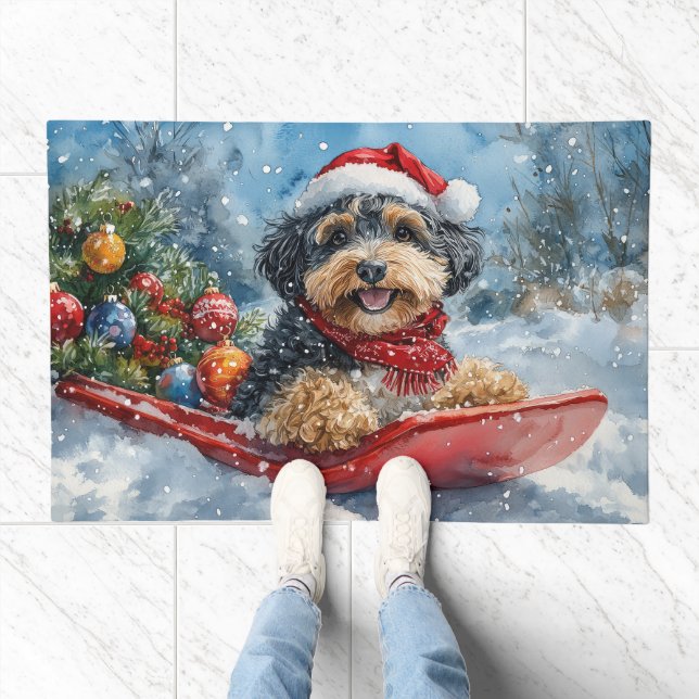 Bernedoodle Dog in Sledge Let it Snow Christmas Doormat (Indoor)