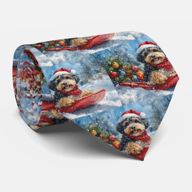 Bernedoodle Dog in Sledge Let it Snow Christmas Neck Tie (Rolled)