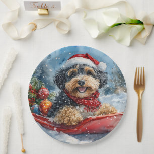 Bernedoodle Dog in Sledge Let it Snow Christmas Paper Plates