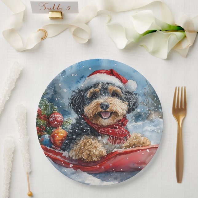 Bernedoodle Dog in Sledge Let it Snow Christmas Paper Plates (Wedding)