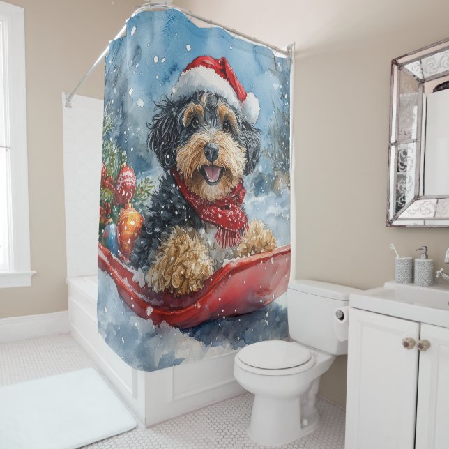 Bernedoodle Dog in Sledge Let it Snow Christmas Shower Curtain (In Situ)