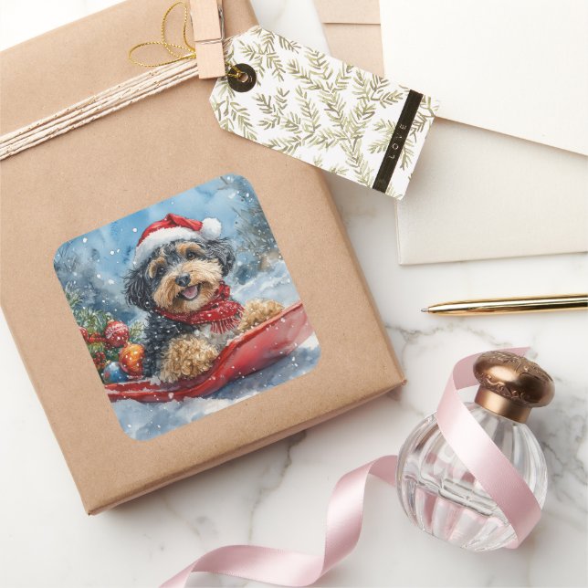 Bernedoodle Dog in Sledge Let it Snow Christmas Square Sticker (Gifting)