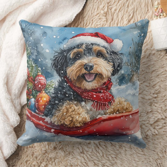 Bernedoodle Dog in Sledge Let it Snow Christmas Throw Pillow (Blanket)