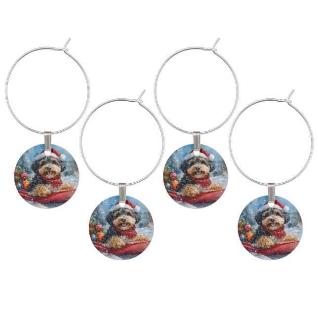 Bernedoodle Dog in Sledge Let it Snow Christmas Wine Charm (Staggered)