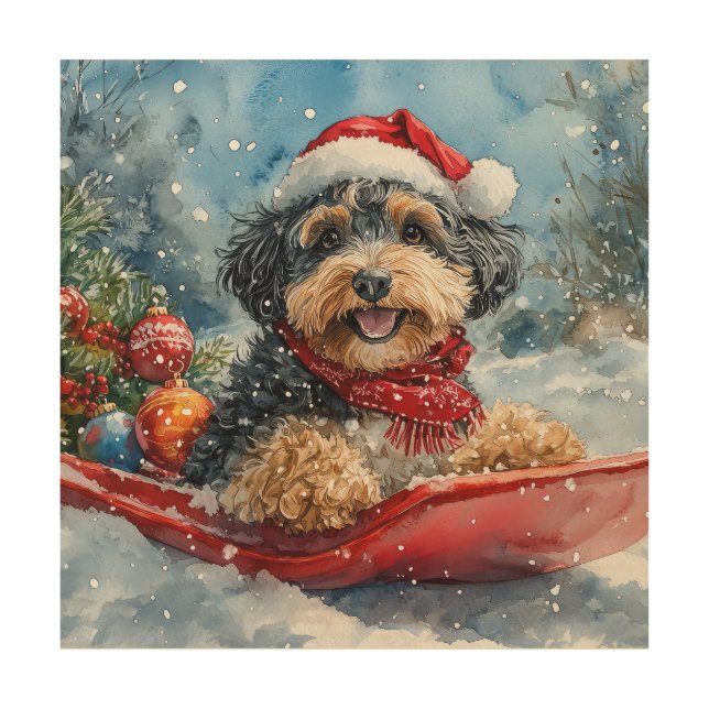 Bernedoodle Dog in Sledge Let it Snow Christmas Wood Wall Art (Front)