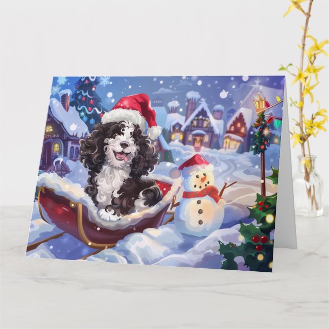 Bernedoodle Dog in Sleigh Snow Christmas Card (Yellow Flower)