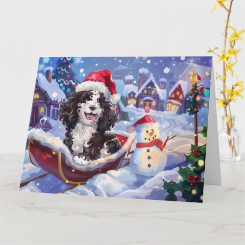 Bernedoodle Dog in Sleigh Snow Christmas Card