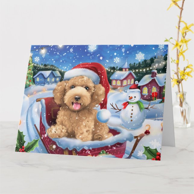 Bernedoodle Dog in Sleigh Snow Christmas Card (Yellow Flower)