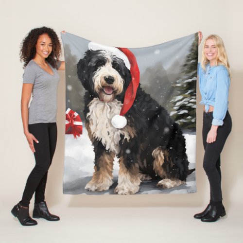 Bernedoodle Dog in Snow Christmas  Fleece Blanket