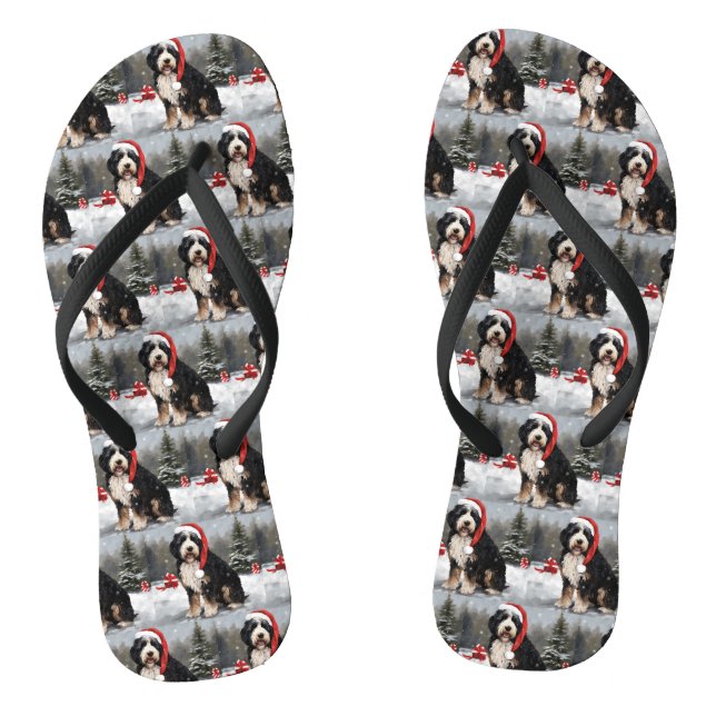 Bernedoodle Dog in Snow Christmas  Flip Flops (Footbed)