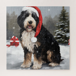 Bernedoodle Dog in Snow Christmas Jigsaw Puzzle