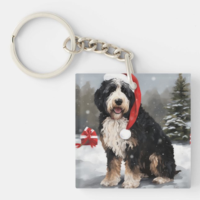 Bernedoodle Dog in Snow Christmas  Keychain (Front)