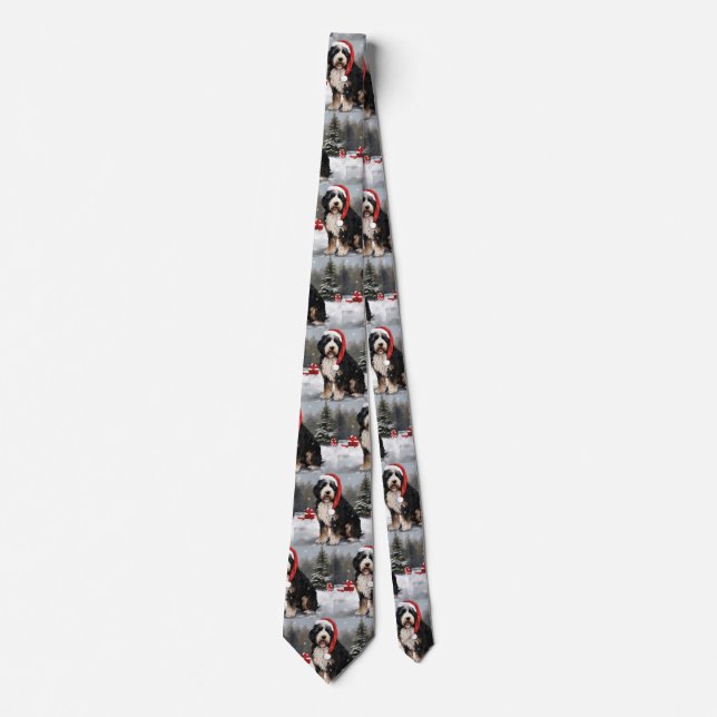 Bernedoodle Dog in Snow Christmas  Neck Tie (Front)