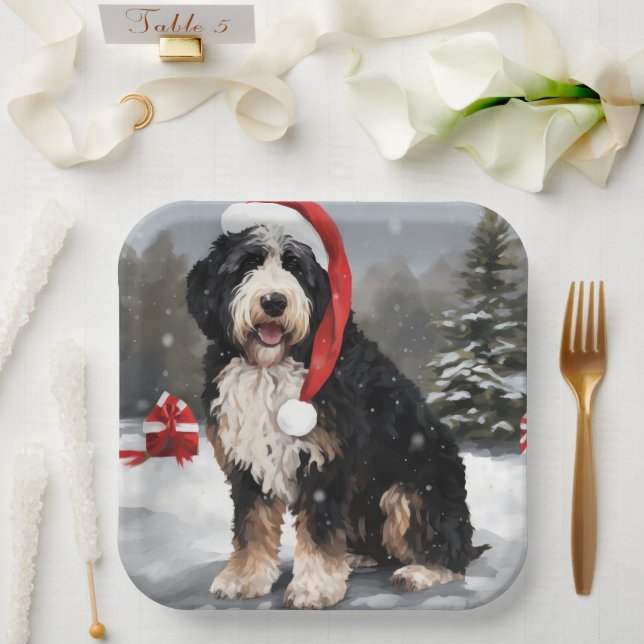 Bernedoodle Dog in Snow Christmas  Paper Plates (Wedding)