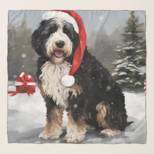 Bernedoodle Dog in Snow Christmas Scarf