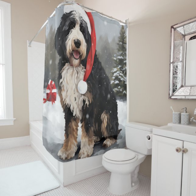 Bernedoodle Dog in Snow Christmas  Shower Curtain (In Situ)