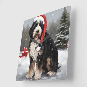Bernedoodle Dog in Snow Christmas  Square Wall Clock