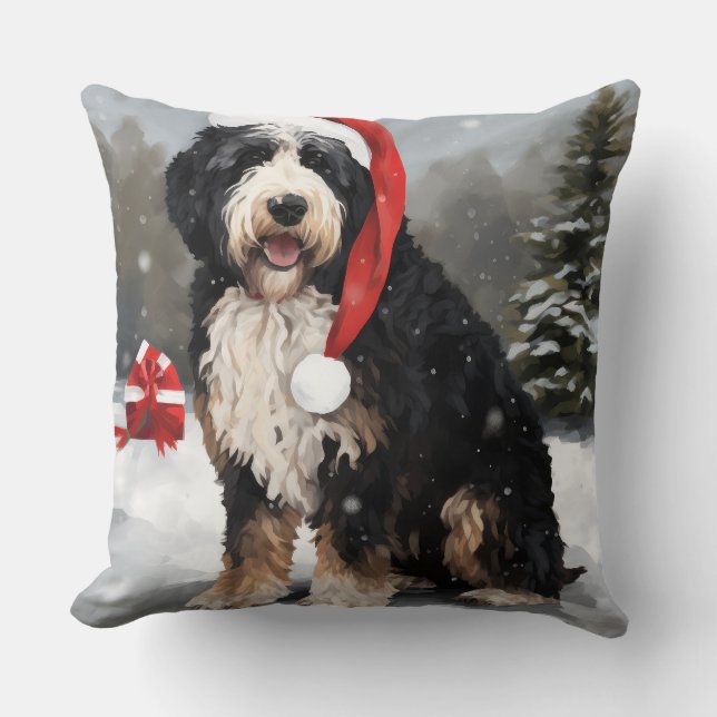 Bernedoodle Dog in Snow Christmas  Throw Pillow (Front)