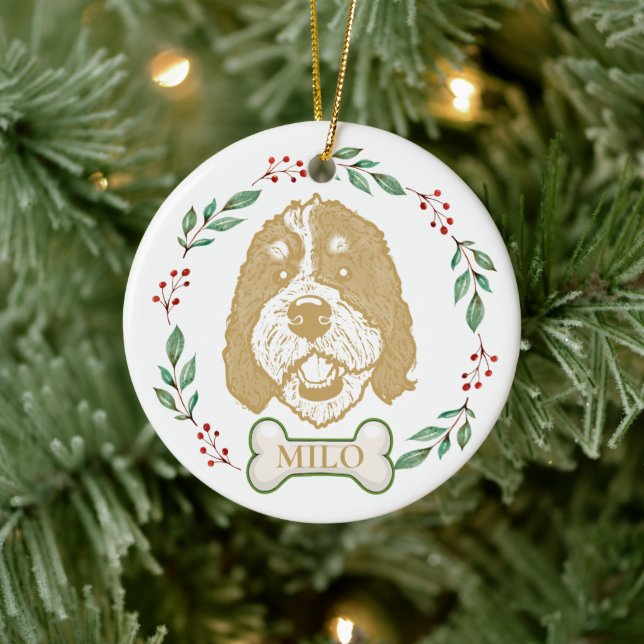 Bernedoodle Dog Personalized Hand Drawing Ceramic Ornament (Tree)