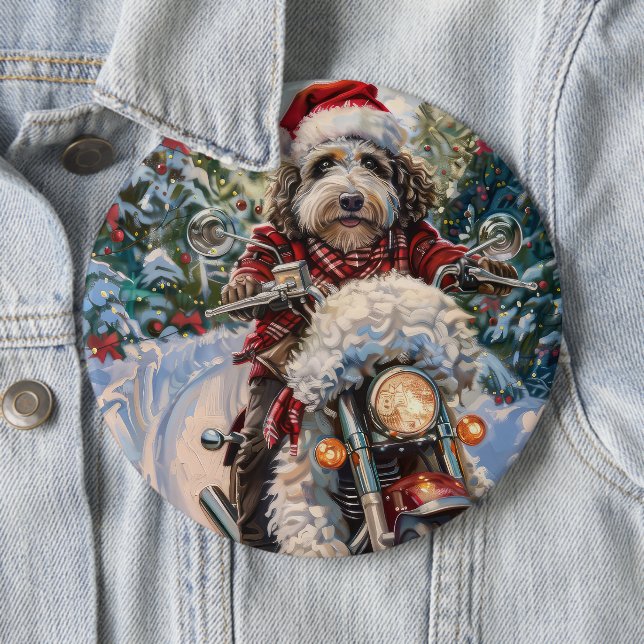 Bernedoodle Dog Riding Motorcycle Christmas Button (In Situ)