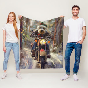 Bernedoodle Dog Riding Motorcycle Christmas Fleece Blanket