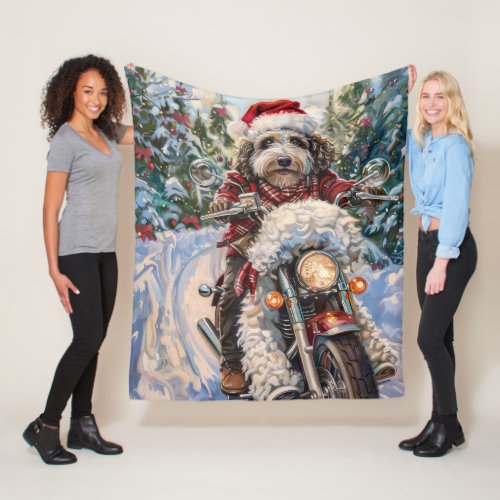 Bernedoodle Dog Riding Motorcycle Christmas Fleece Blanket