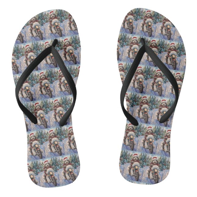 Bernedoodle Dog Riding Motorcycle Christmas Flip Flops (Footbed)