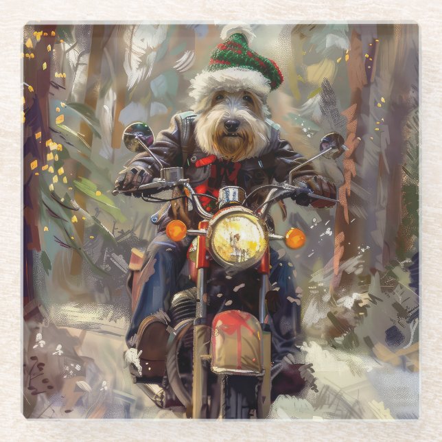 Bernedoodle Dog Riding Motorcycle Christmas  Glass Coaster (Front)