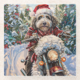 Bernedoodle Dog Riding Motorcycle Christmas Glass Coaster