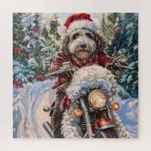 Bernedoodle Dog Riding Motorcycle Christmas Jigsaw Puzzle
