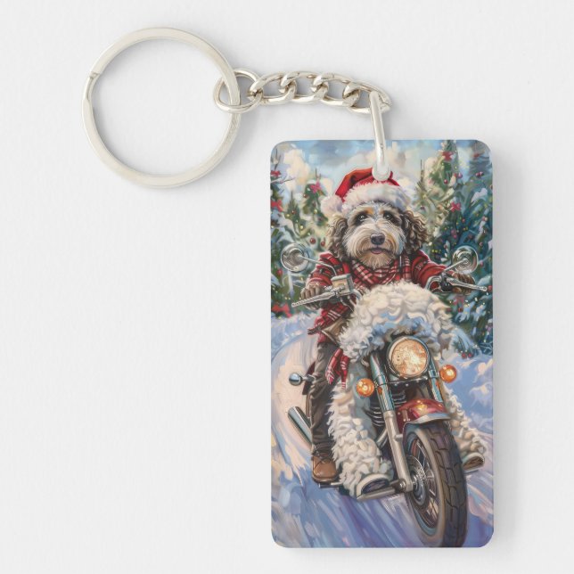 Bernedoodle Dog Riding Motorcycle Christmas Keychain (Front)