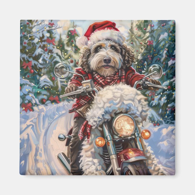 Bernedoodle Dog Riding Motorcycle Christmas Magnet (Front)