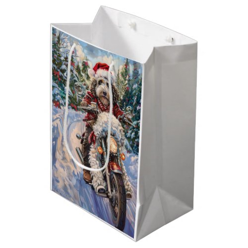 Bernedoodle Dog Riding Motorcycle Christmas Medium Gift Bag